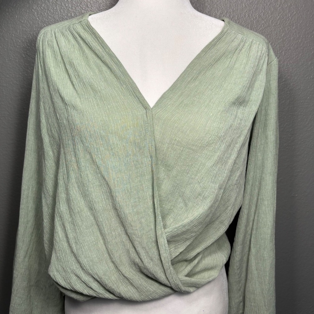 Free People Sage Green Textured Surplice Wrap V-Neck High-Low Blouse Top - Picture 1 of 10
